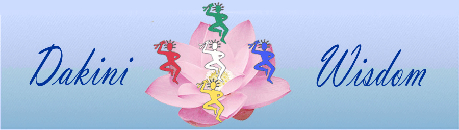Dakini Wisdom page header.Dakini Wisdom page header with logo of a pink lotus behind five small dakini figures.